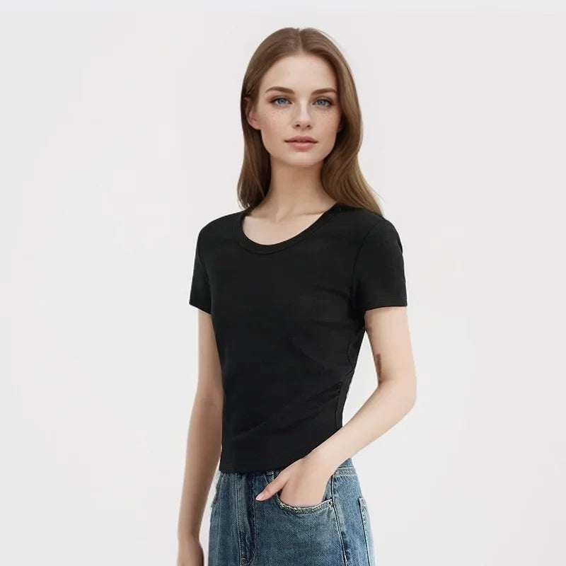 Semir Short Sleeve T-Shirt Women Short Careful Machine Solid Colour Tight 2024 New Summer Large Round Neck Positive Shoulder Pul