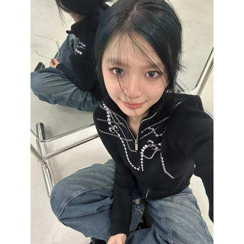 Deeptown Y2k Vintage Zip Up Women Knit Cardigan Harajuku Graphic Turtleneck Sweater Slim Korean Fashion Autumn Grunge Streetwear