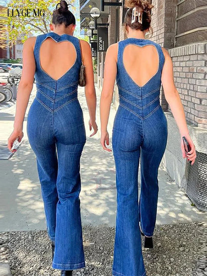 Vintage Denim Playsuit Women Slim O-neck Sleeveless Zipped Love Hollow Out Jumpsuit Female Summer Casual Suit Lady High Street