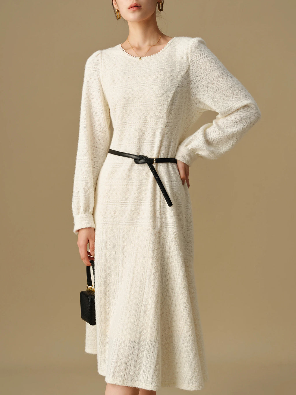 DUSHU Women Winter Lace Dress Long Sleeve Temperament Beige X-LINE Dress Without Sashes Female Gentle Winter Dresses 24DS84430