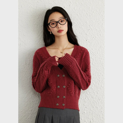 VIMLY Women's Simple Casual Knitted Sweater Autumn New Red O-Neck Long Sleeve Office Lady Small Fragrant Cardigan Tops Jacket