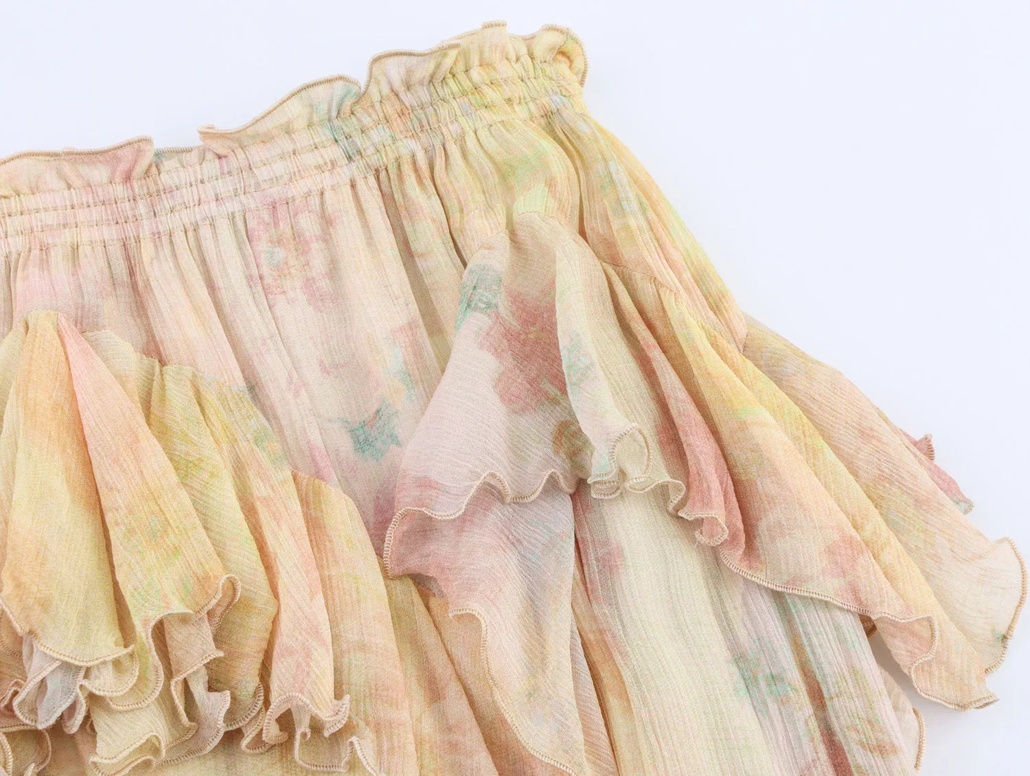 Boho Ruffled Watercolour Maxi Skirt in Pastel Chiffon
