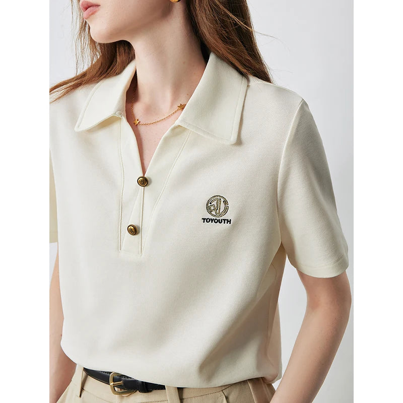 TOYOUTH Women Letter T-shirt 2024 Summer New POLO Collar Top