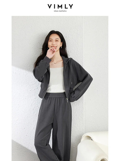 VIMLY Double Zipper Casual Drawstring Hooded Sweatshirt+Elastic Waist Wide Leg Pants Suit Autumn Simple Office Lady Tracksuit