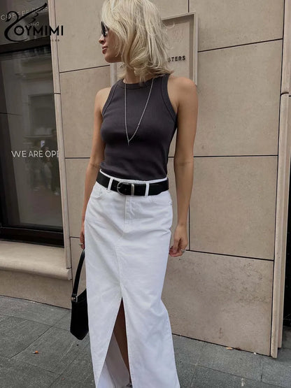 Oymimi Elegant White Cotton Skirts For Women Fashion High Waisted Floor-Length Skirts Streetwear Casual New Straight Solid Skirt