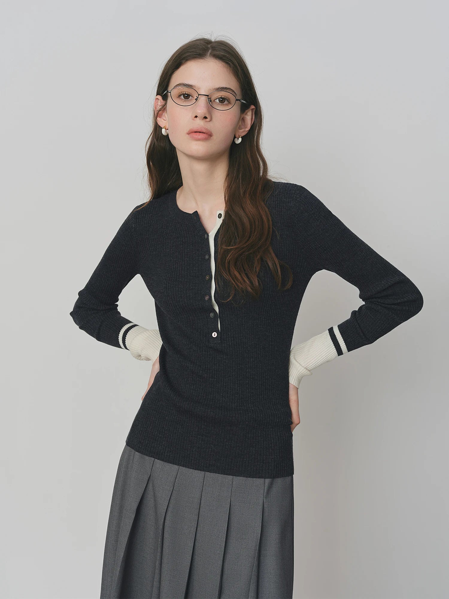 FSLE Wool Simple Temperament Contrast Color Henry Collar Sweater 2025 Autumn New Style Inner Wear
