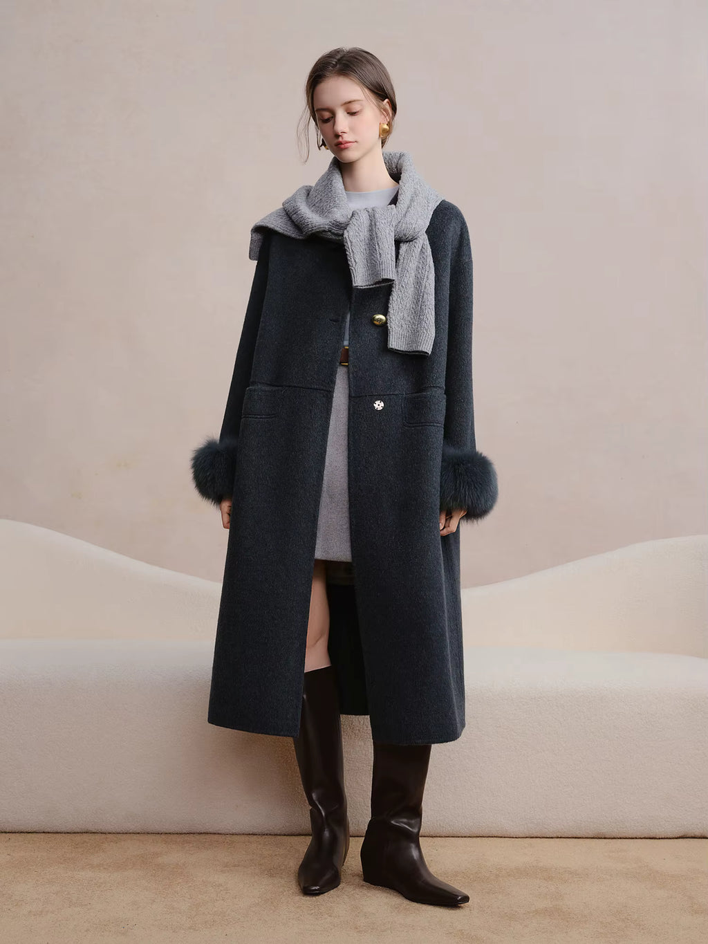 Plus Size Women's Detachable Collar Double Faced Wool Coat 2025 Winter Swan Style Tweed Overcoat Elegant Casual Outerwear