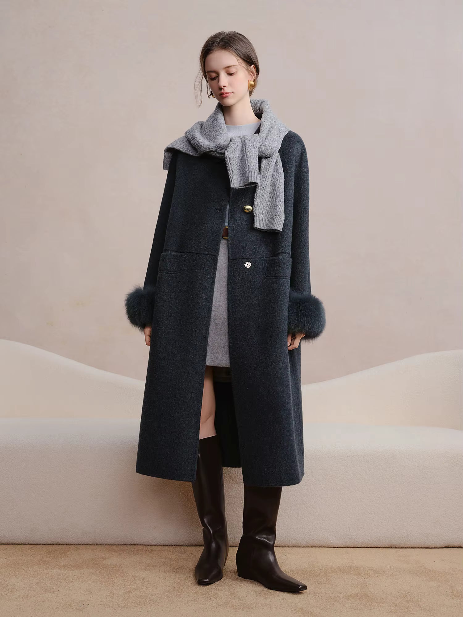 Plus Size Women's Detachable Collar Double Faced Wool Coat 2025 Winter Swan Style Tweed Overcoat Elegant Casual Outerwear