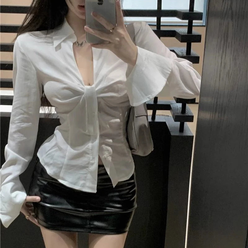 Women Elegant White Shirt Summer Sexy V Neck Folds Chic Crop Blouses Korean Streetwear Flared Long Sleeve Tops New