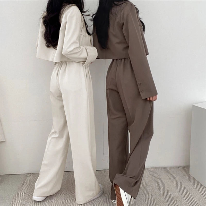 Korean OL Short Suits Sets Women Casual Loose Crop Blazers Jackets Conjunto New High Waist Wide Leg Pants Ensemble Offcie Outfit