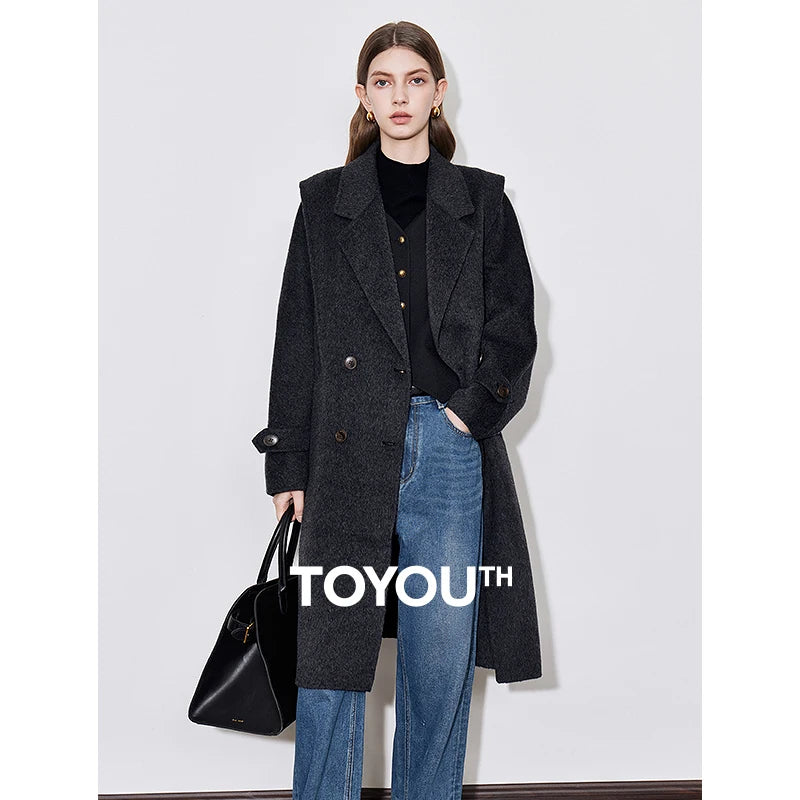 TOYOUTH Women Wool Coat 2024 Autumn and Winter New Lapel Collar Woolen Long Coat