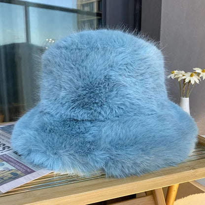 2024 Fluffy Faux Fur Bucket Hats Women Rabbit Fur Warm Thick Plush Winter Hat Lady Fashion Luxury Panama Furry Fisherman Cap Y2k