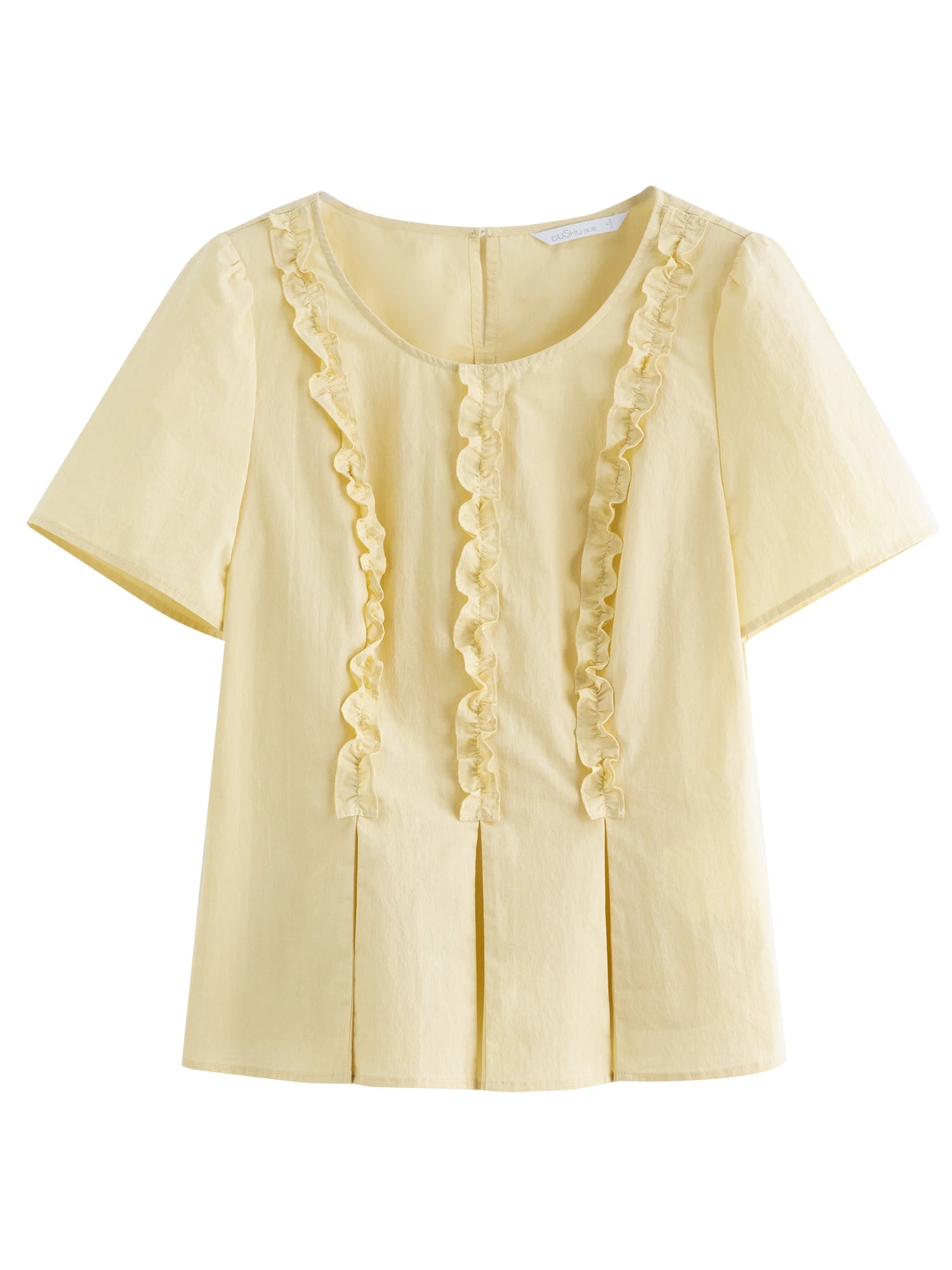 DUSHU Plus Size Women Sweet Youthful 2025 New Model Pleated Waist-Defining Slimming Round Neck Shirt Tops