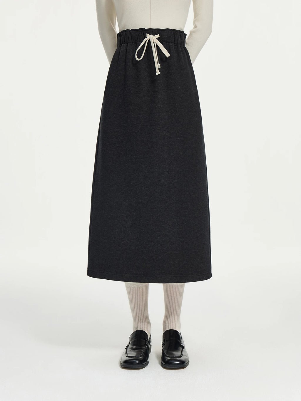 FSLE Women Long Skirts Winter Thick Waist Drawstring Dark Grey Commuter Straight Skirts Lightvelvet Liner Female Skirt 24FS14566