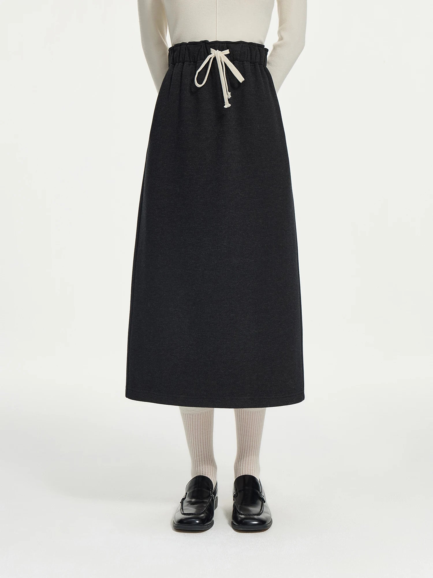 FSLE Women Long Skirts Winter Thick Waist Drawstring Dark Grey Commuter Straight Skirts Lightvelvet Liner Female Skirt 24FS14566