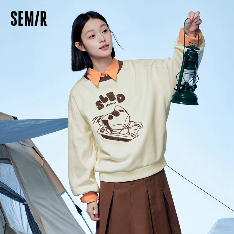 Semir Sweatshirt Women Contrast Color Loose Winter 2024 New Popular Antibacterial Heat Storage Fleece Women Clothing