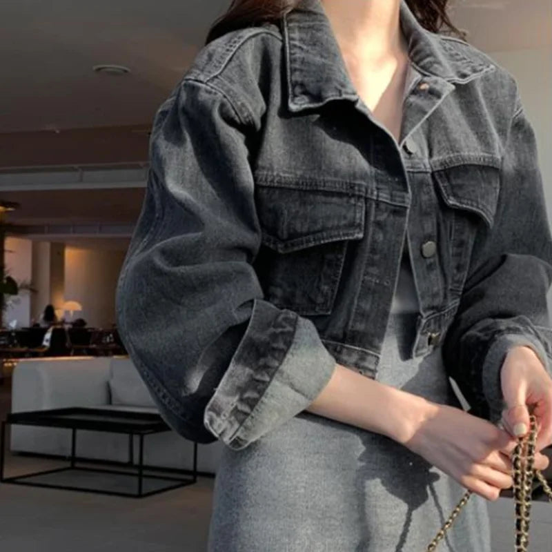 Retro Chic Short Sleeveless Denim Jacket Metal Single Button Loose Fit Long Sleeve Short Sle Women's Fashion Autumn Outerwear