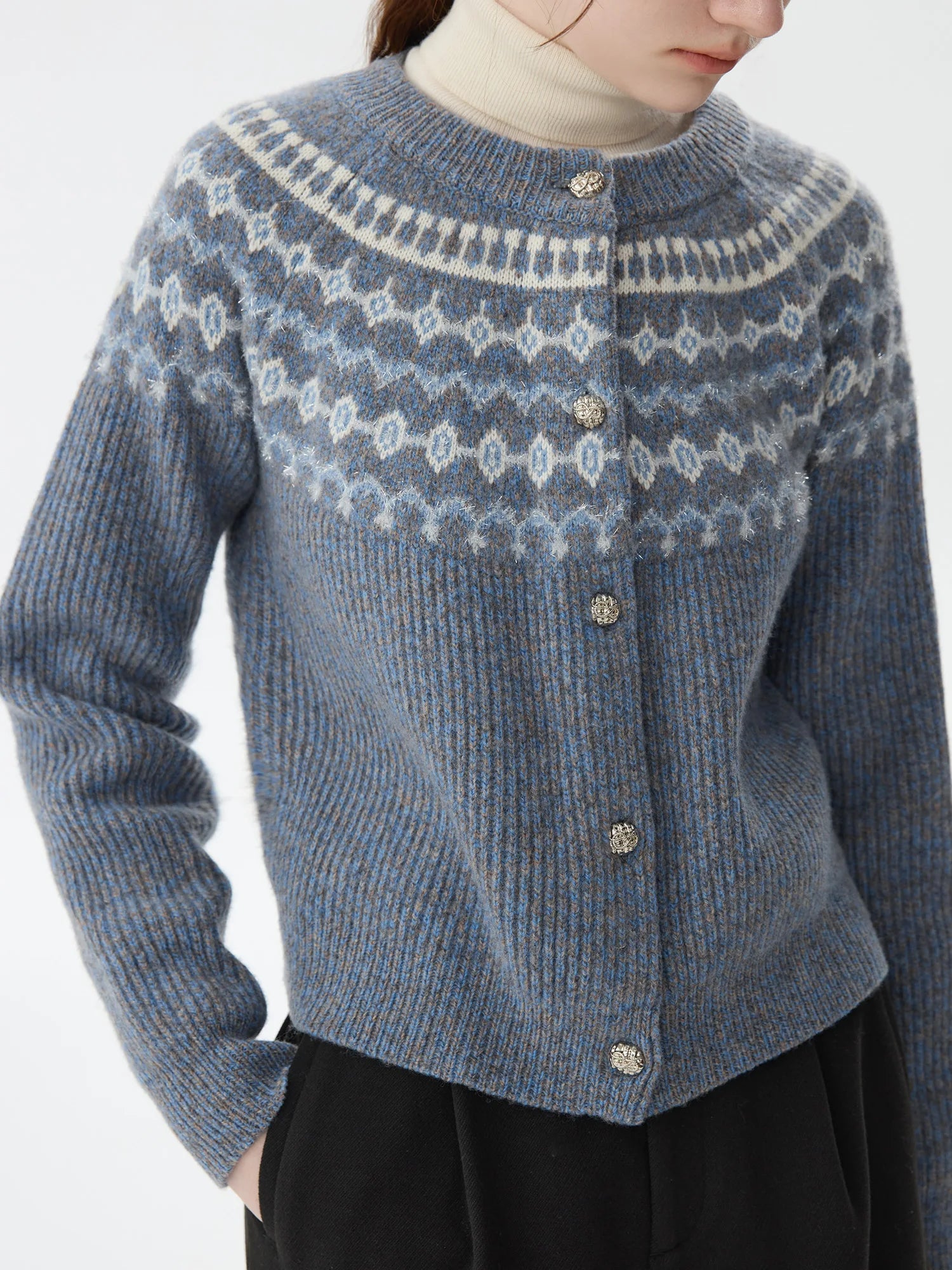 FSLE Office Lady Vintage Jacquard Round Neck Versatile Knitted Casual Sweater Cardigan for Autumn Winter 2024 New 24FS14587