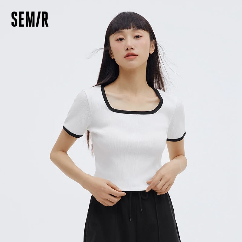 Semir Short-sleeved T-shirt Women PJ Casual Home Interior Fashionable Sweet Vest Square Neck Knitted T-shirt