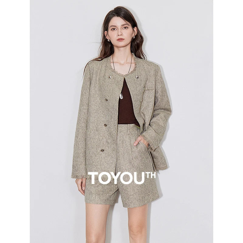 TOYOUTH Women Two Piece Set 2024 Autumn New Tassel Jacket Coat With Shorts Office Lady Working Wear Outfit Sets