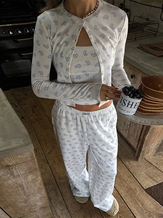 Knitted Printed Vest Cardigan Pant 3 Piece Set Women Elegant Slim Sling Vests Full Sleeve Sweater Elastic Long Pants Sets Female