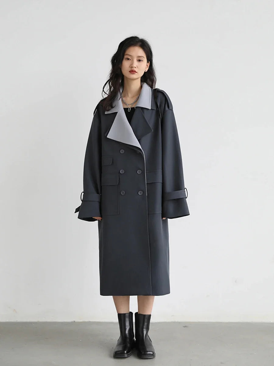 CHIC VEN Women Spliced Trench Coat Korean Loose Turn Down Collar Windbreaker Fashion Long Female Clothes Overcoat Autumn 2023