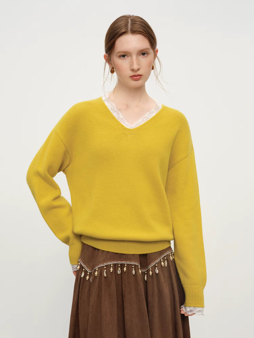 Winter 2025 Women's V-Neck Lace Knit Sweater - Sweet Feminine Pure Wool Blend Pullover Relaxed Fit for Casual Elegance
