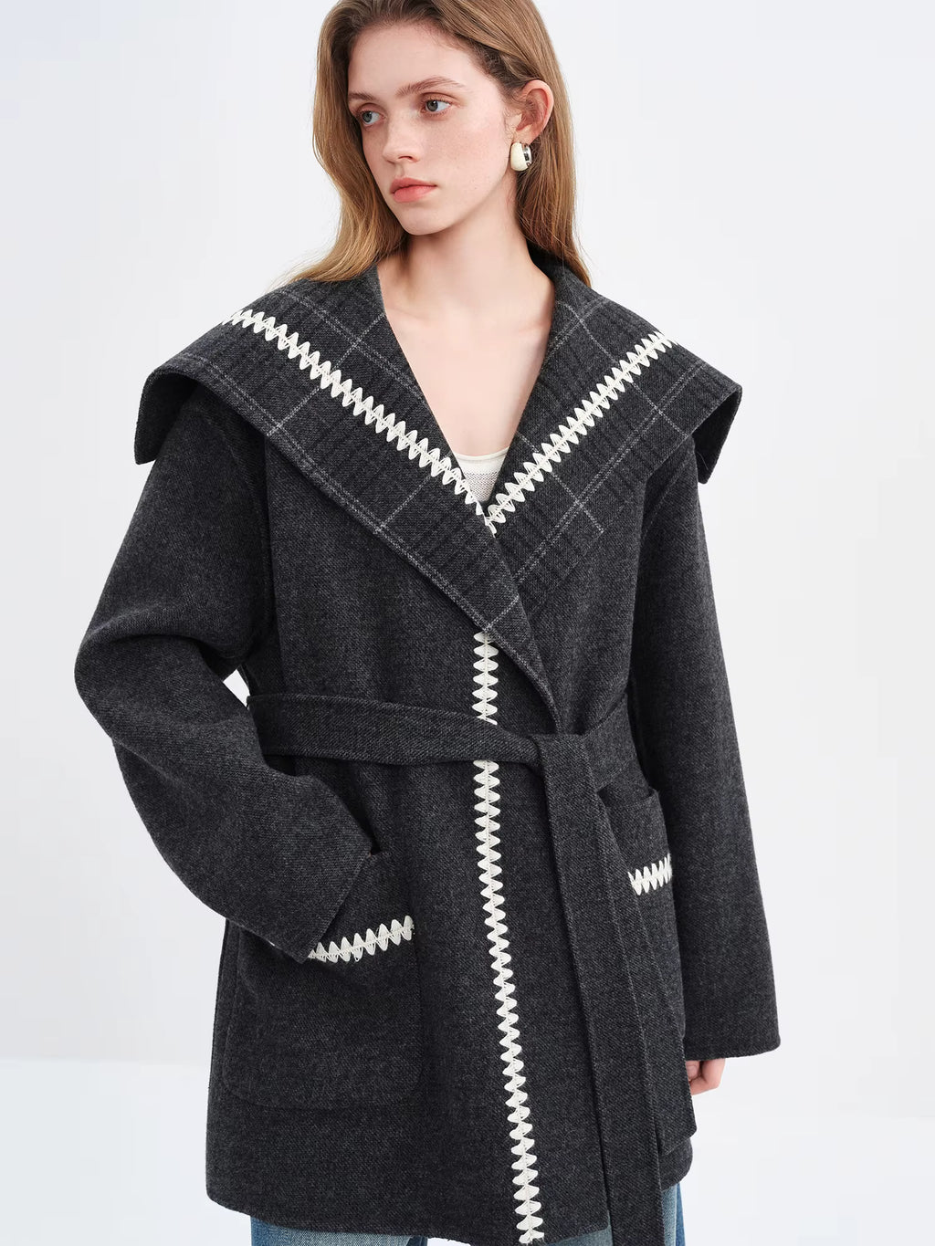 2025 Winter Women's Reversible Tartan Pattern Wool Blend Coat with Embroidery - Bohemian Style Two-Way Wear Long Overcoat