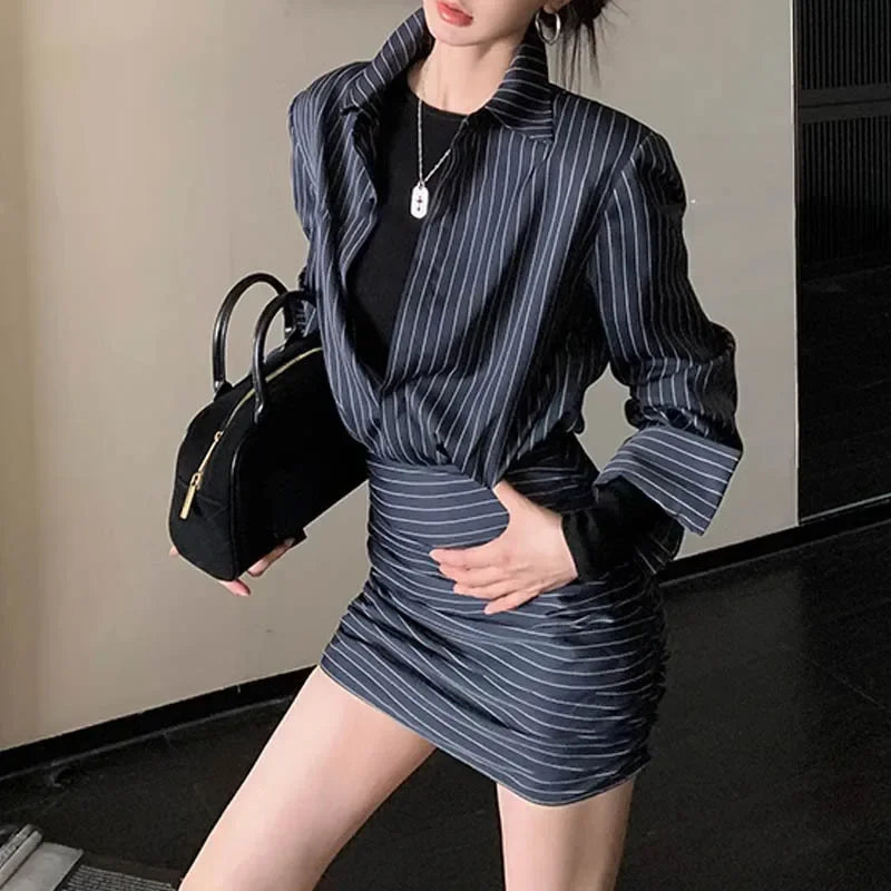 2024 Autumn Office Siren Deconstructed Large Women's Striped Shirt Dress Waist-Fitted Single-Breasted Mini Dress