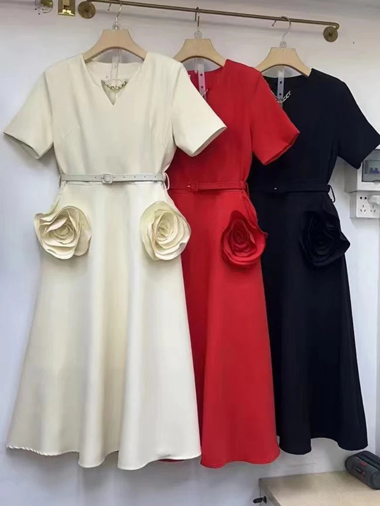 VGH Elegant Solid Patchwork Appliques Dresses For Women V Neck Short Sleeve High Waist Spliced Belt Temperament Dress Female New