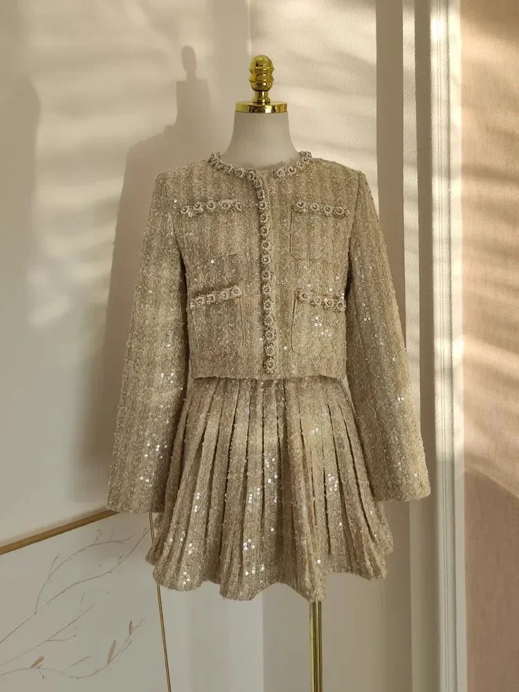 Autumn Winter Beading Tweed Pearls Short Jacket Coat + Mini Pleated Skirt Suit Two Piece Sets Womens Outifits