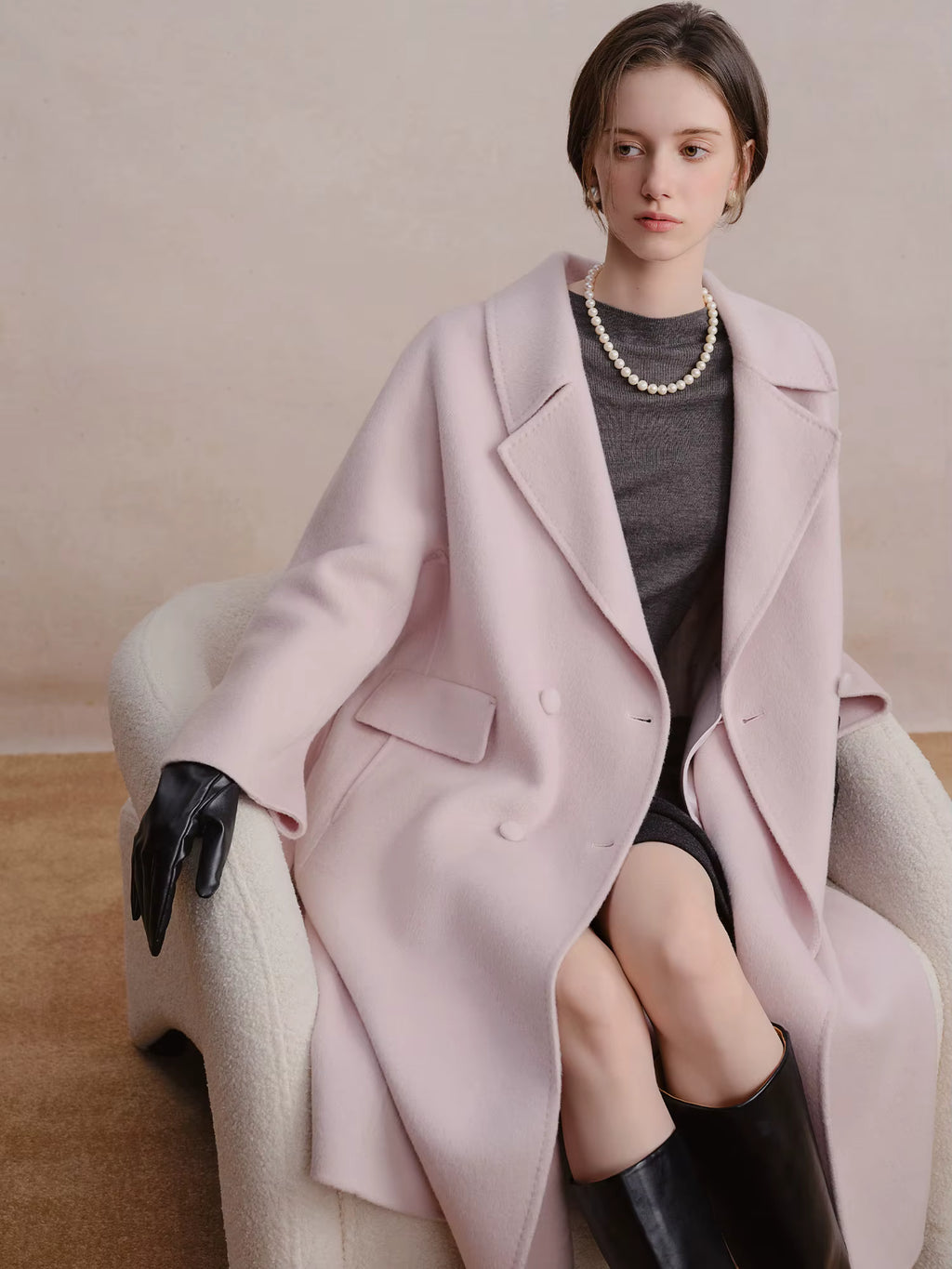 Double-breasted Cashmere Wool Coat Elegant Ladies Women Commuting Simple Temperament Mid-calf Length British Style