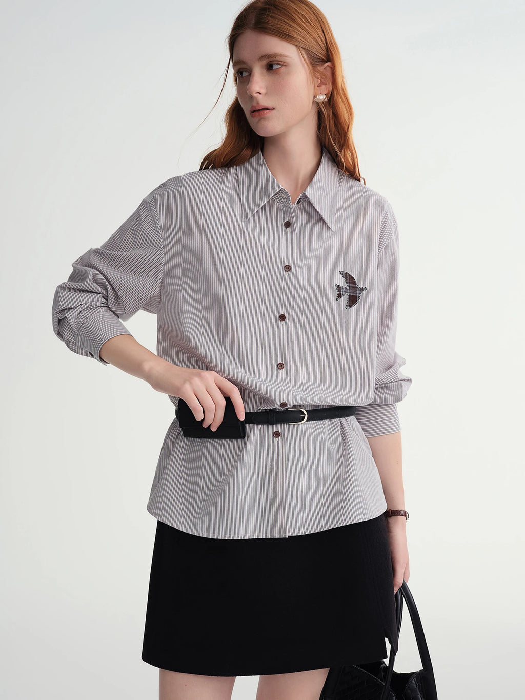 Plus-Size Women Fashion The Birds Artistic Checkered Applique Embroidery Stripe Shirt Winter 2025 Collection Women Shirt