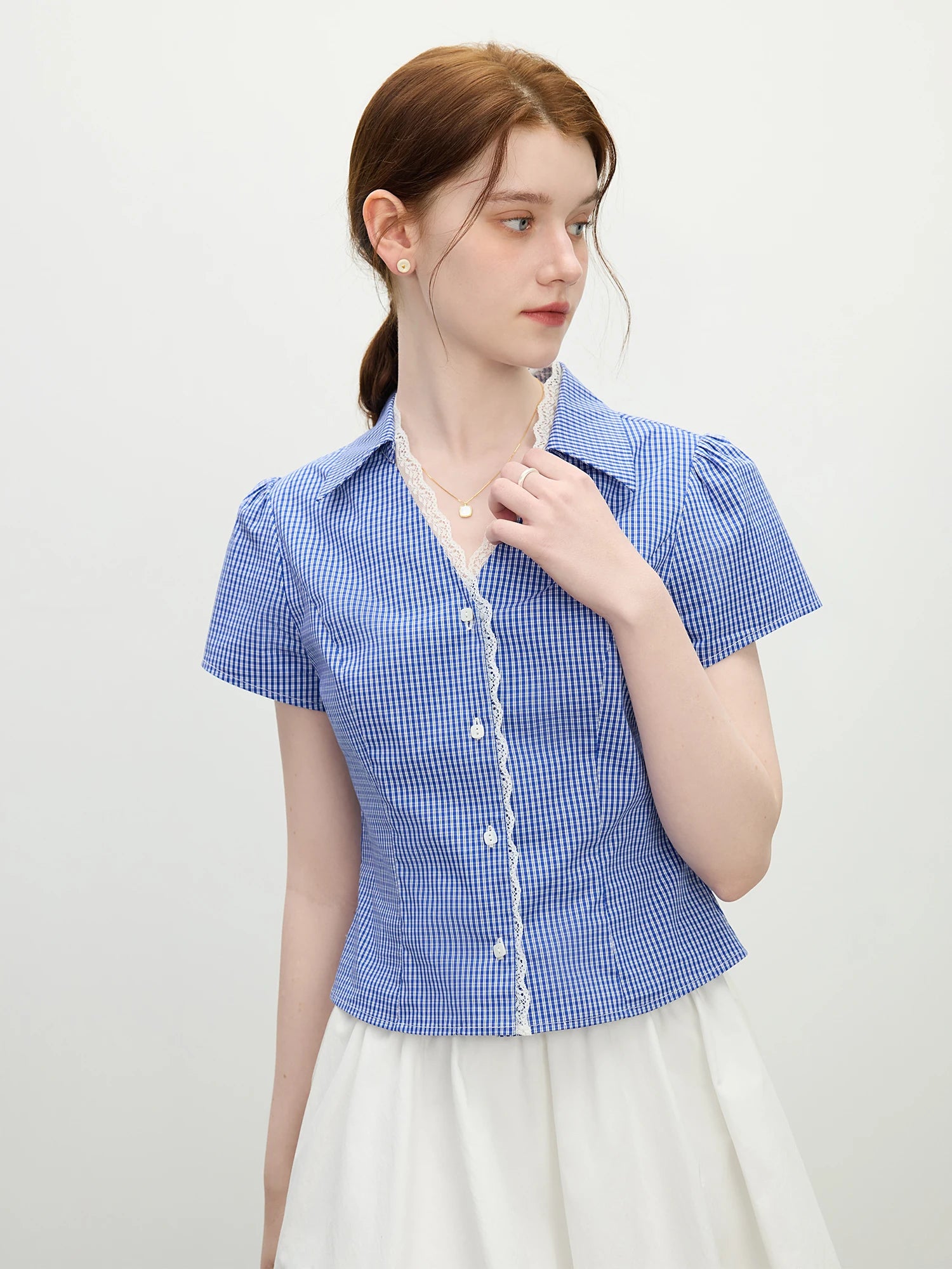 FSLE 2025 Summer French Lace Checkered Layered Collar Blouse Casual Office Linen-Blend Slim Fit Women's Top
