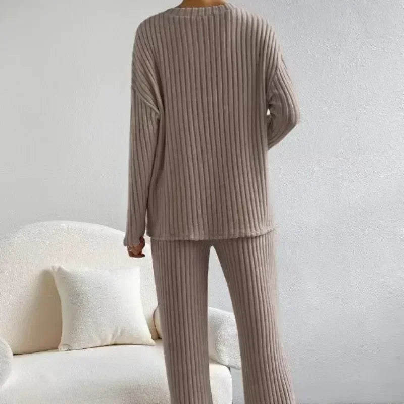 Women's Pajamas Autumn Winter New Casual Straight Pants Pullover Sleepwear Loose V Neck Knitted Home Wear Two Piece Loungewear