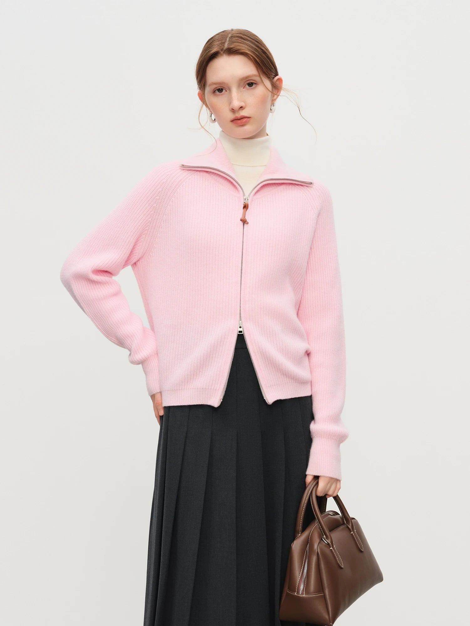 FSLE Women Relaxed Fit Oversized Wool Blend Knit Cardigan Coat Fall Winter 2025 New Style Zipper Front Outerwear Top for Casual