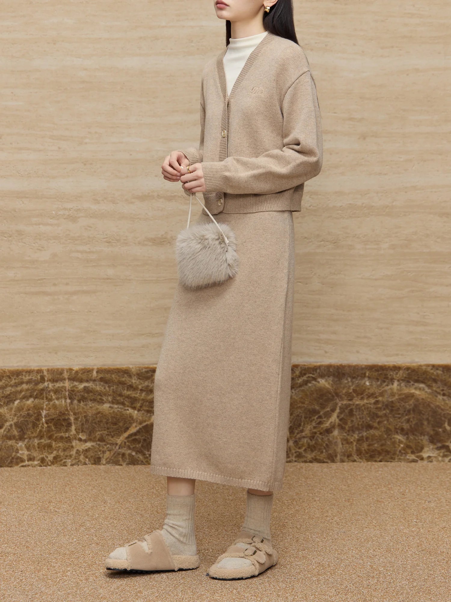 ZIQIAO 29.9% Wool Petite Size Khaki Knit Cardigan Long Skirt Suit for Women 2024 New Gentle Warm Sweater Set 24ZQ94143+24ZQ94144