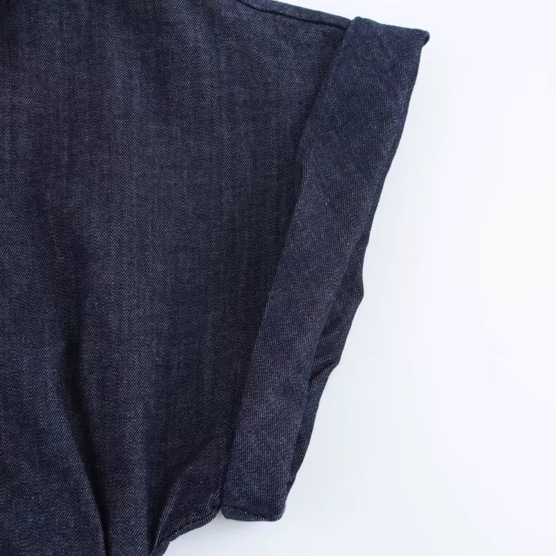 Denim MIDI dress with lapel side zipper fashion wrinkle waist slim elegant dress