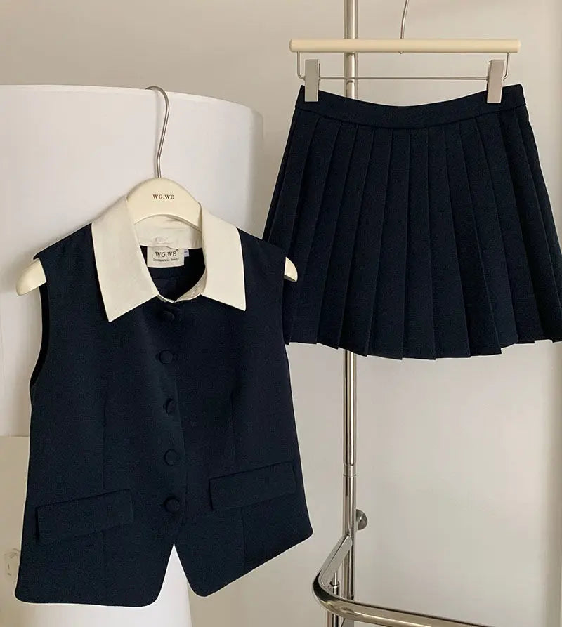 Black Two Piece Sets Women Outfits Spring and Summer New Korean Fashion Commuting Slim Suit Vest Top Pleated Short Skirt Set