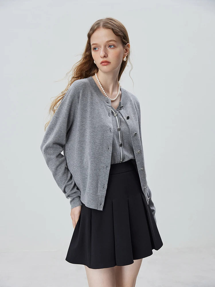 FSLE Simple Style All-match Gray Knitted Cardigan Coat Vests for Women Autumn Clothing 2023 New Vest Two-piece Suit Female