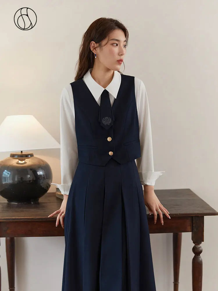 DUSHU Preppy Style Detachable Tie Shirt Vest Two-piece Set for Women Spring New Navy Blue and Khaki Color Shirt + Vest Female