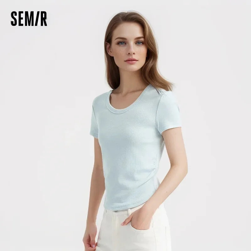 Semir Short Sleeve T-Shirt Women Short Careful Machine Solid Colour Tight 2024 New Summer Large Round Neck Positive Shoulder Pul