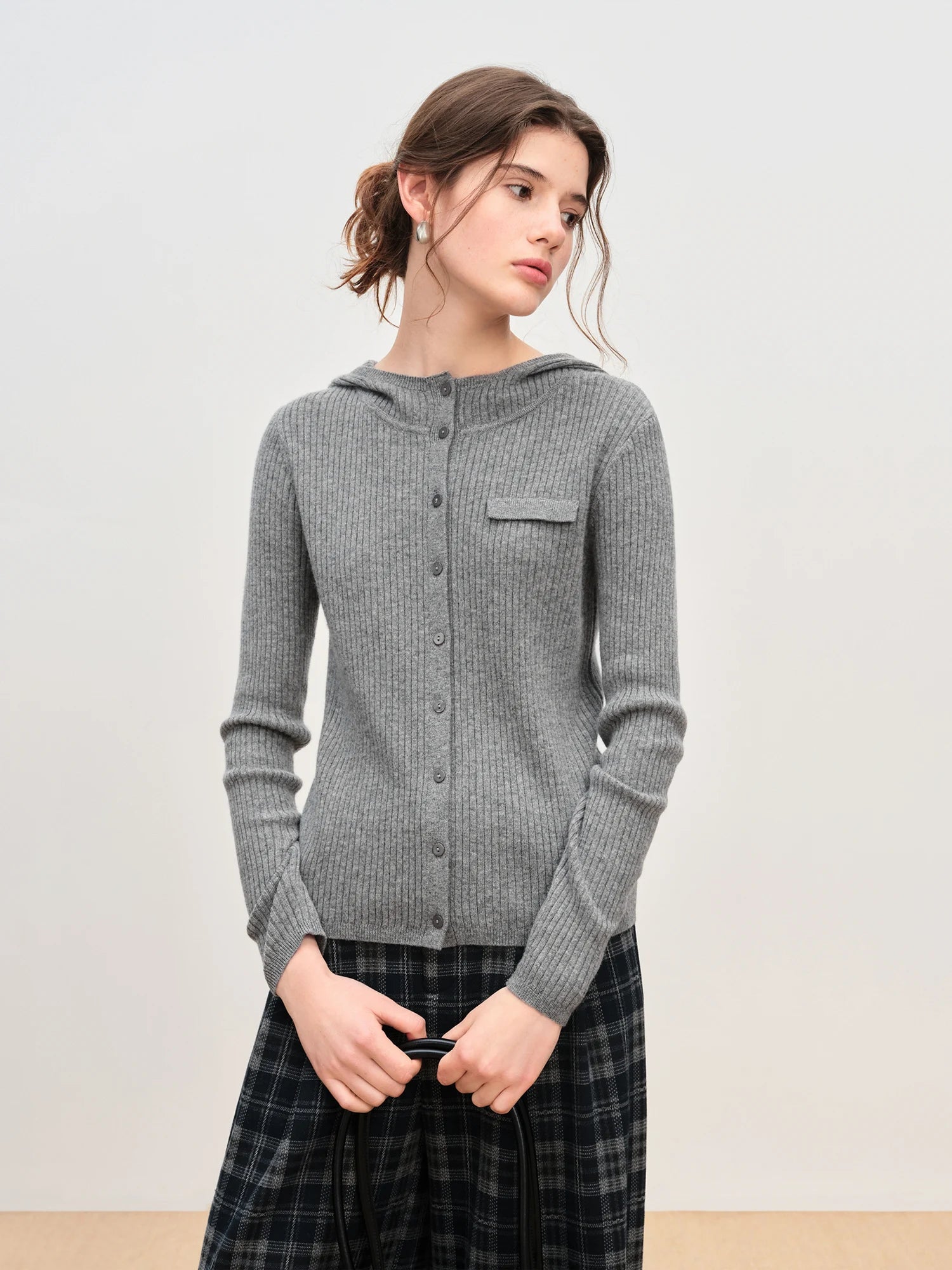 Winter 2025 Women's Hooded Knit Cardigan - Stand Collar Pure Wool Open Front Coatigan Textured Design for Casual Elegance