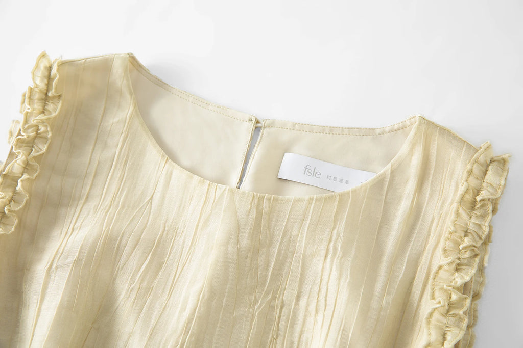 FSLE 2025 Summer Textured Pleat Dress - Fluid Asymmetric Hem Sleeveless Resort to Office Elegant Silhouette