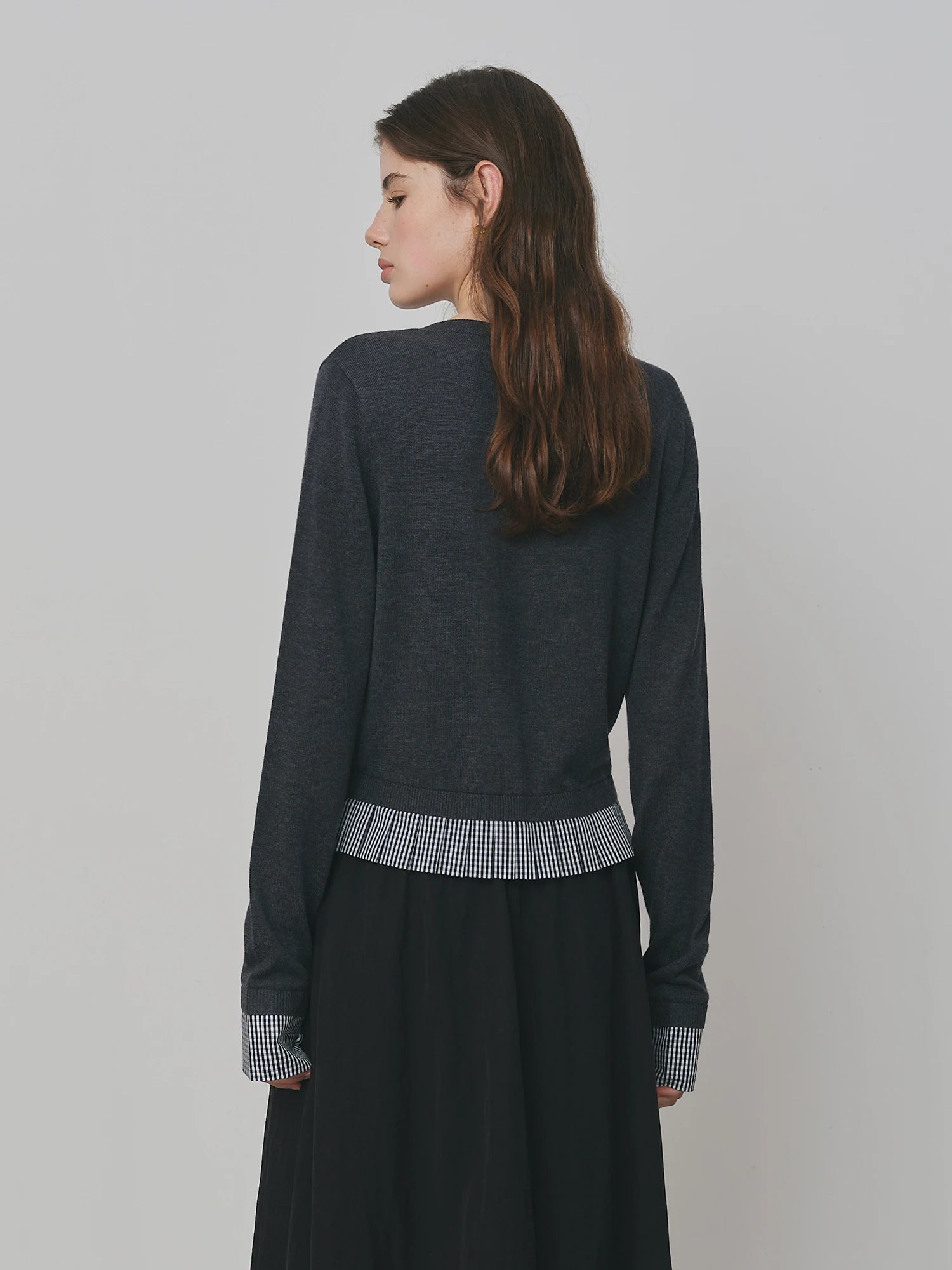 FSLE Genius Girl Round Neck Knit Cardigan for Women 2025 Autumn New Pleated Check Pattern Patchwork Top Sweaters