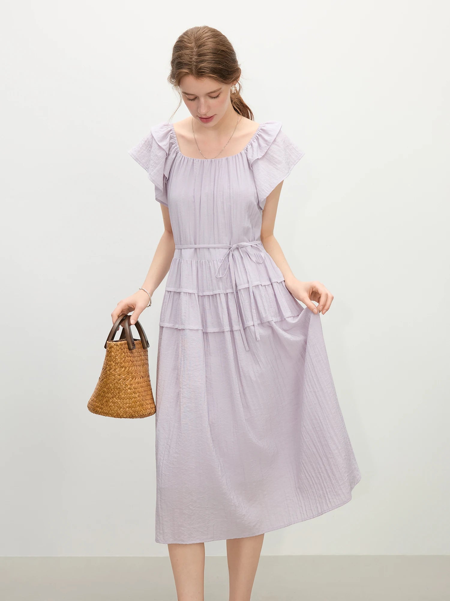 FSLE 2025 Summer Women's French-Inspired Square Neck Dress - Flutter Sleeve Contrast Panels & Elegant Midi Silhouette