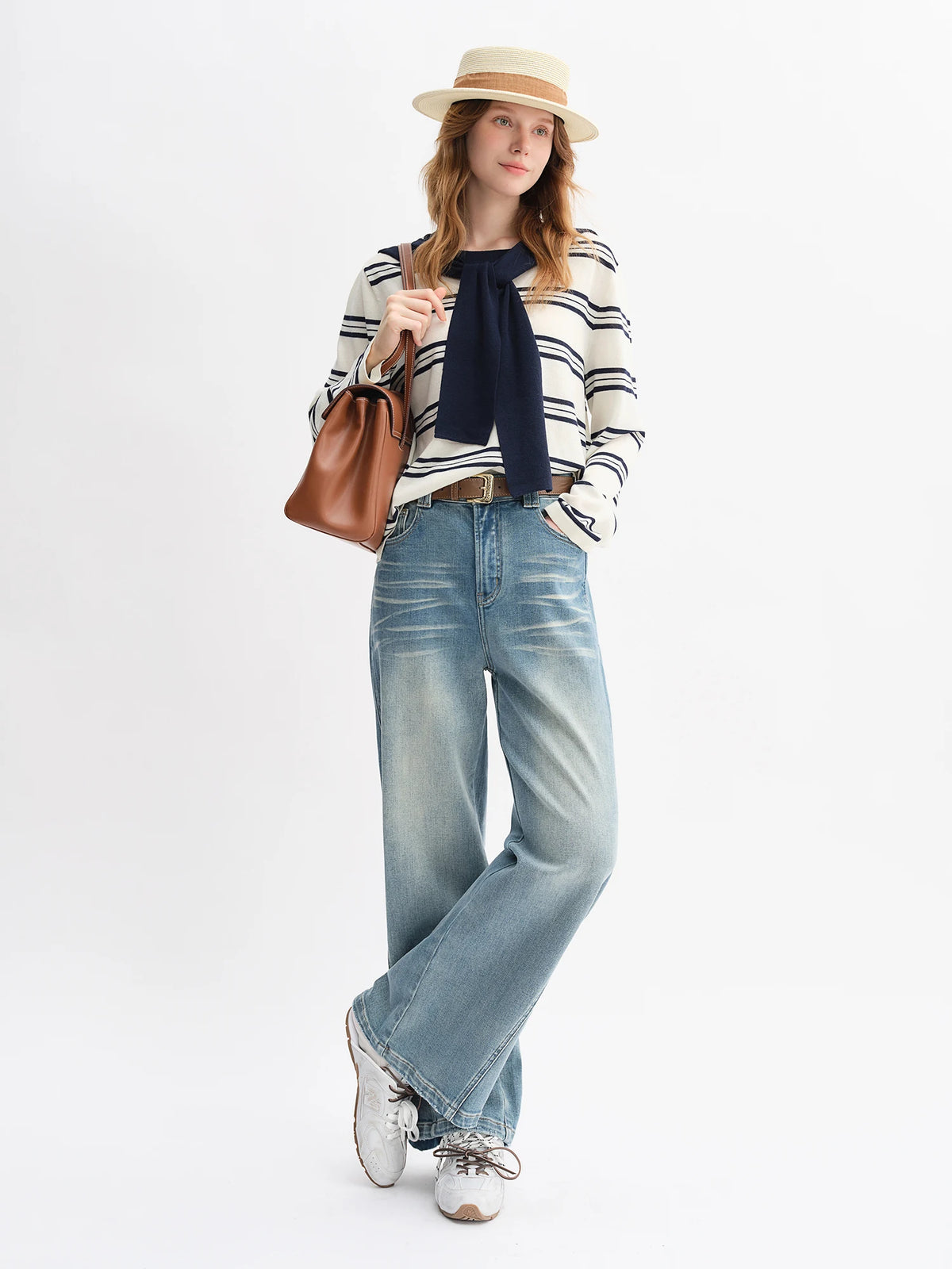 DUSHU Plus Size Design Sense Retro Washed Blue Straight Jeans High Waist Drape Slim Wide Leg Pants 2025 New Arrival