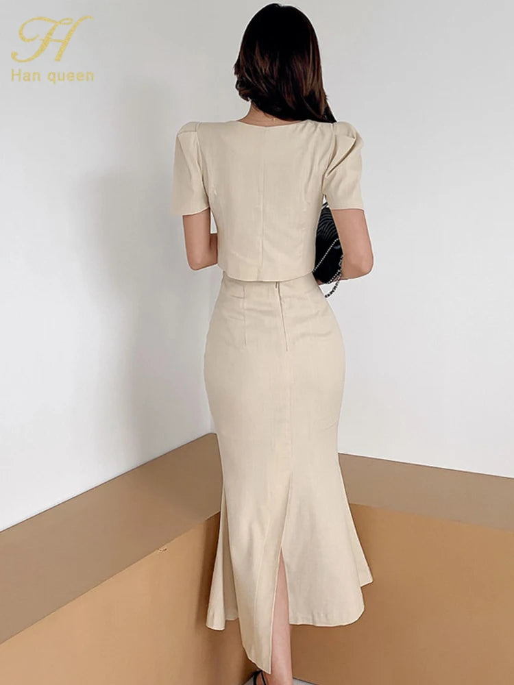 Summer Casual 2 Pieces Set Double-breasted Short Top + Mermaid Skirt Korean Slim Simple Skirts Suits