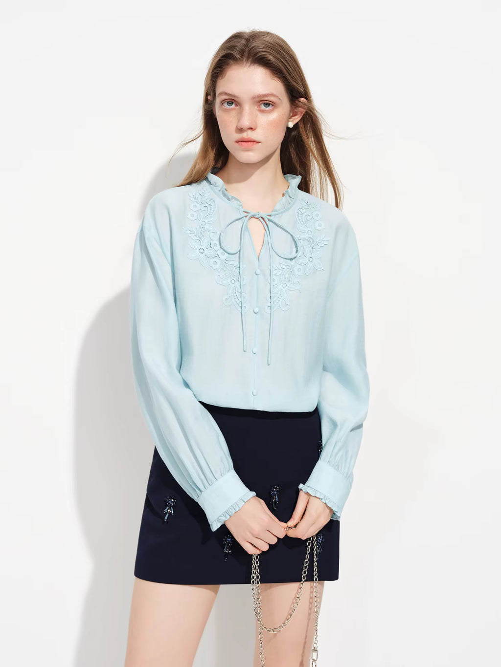 2026 Spring Women's Intricate 3D Floral Applique Linen Blend Tie-Neck Shirt - Elegant Casual Blouse Women Shirt