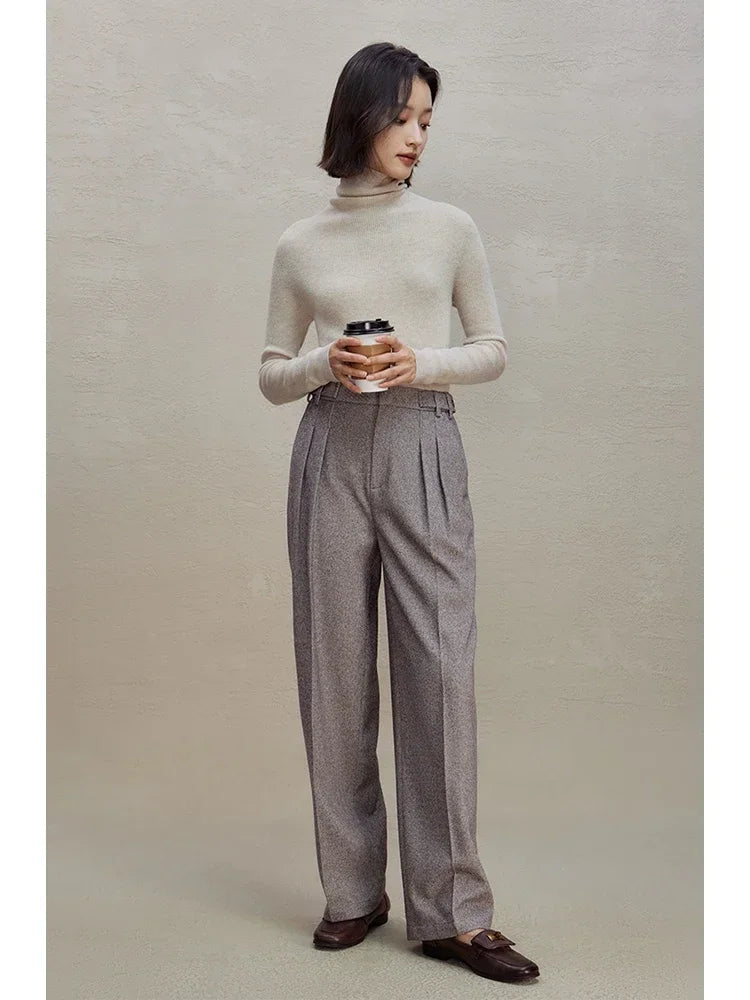 ZIQIAO Commuter Style High-waist Slim Casual Pants for Women 2023 Winter Straight Wide-leg Pants Floor-length Trousers Female